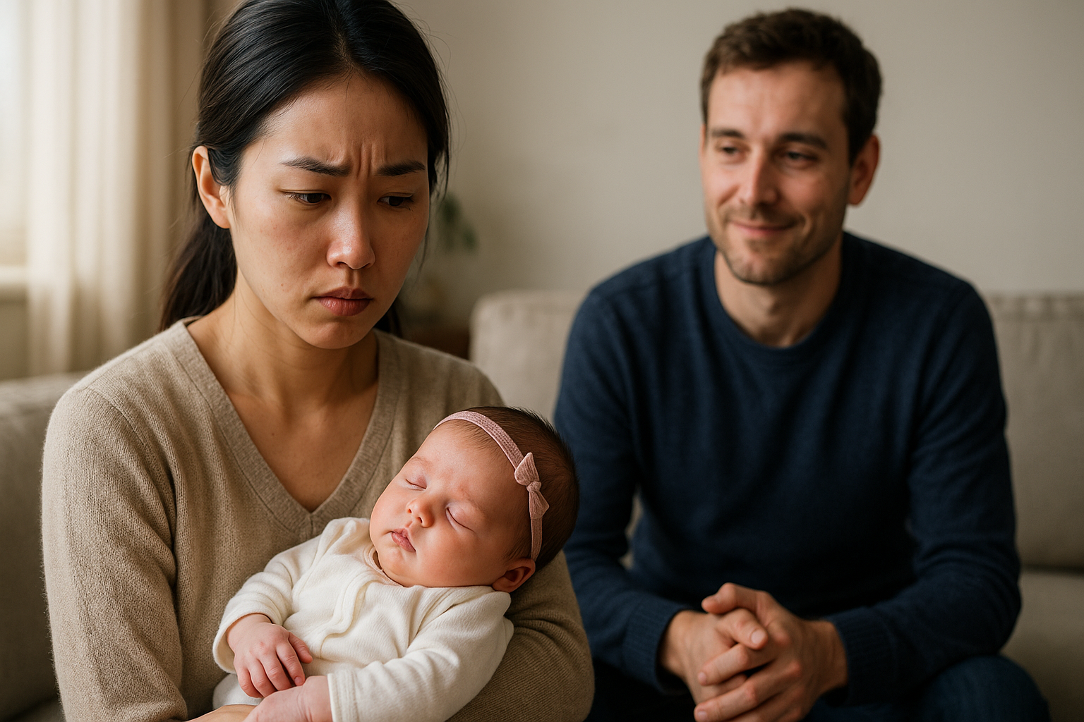 Asian mother holding newborn baby while father looks on, showing family conflict and tension.