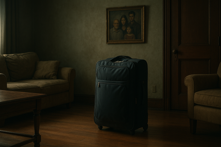 Suitcase in a dimly lit living room with a family portrait on the wall.
