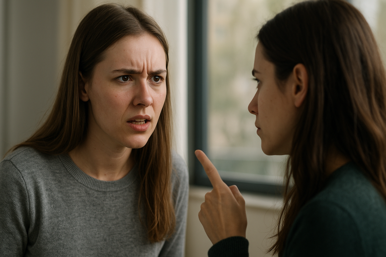 Two young women indoors, one appearing angry and the other pointing a finger, during a tense confrontation near a window with soft natural light.