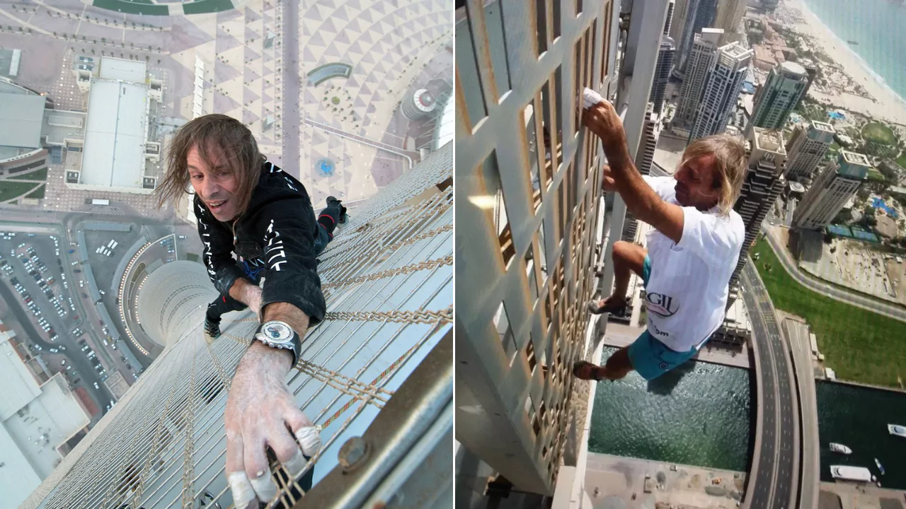 Alain Robert, the 60-year-old real-life Spider-Man, climbing skyscrapers without ropes over a city skyline