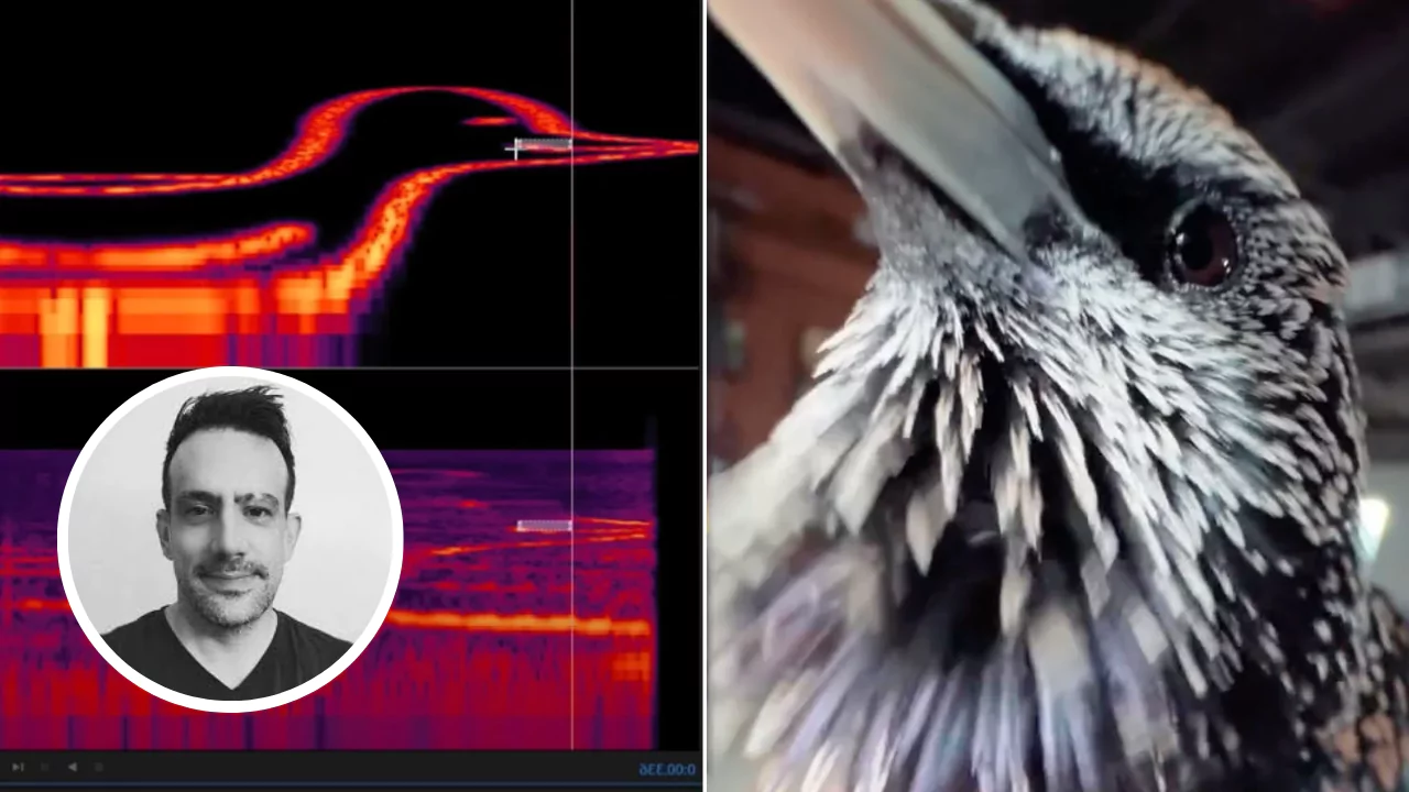 Close-up of a starling bird and spectrogram showing a bird-shaped waveform used by musician Benn Jordan to store an image as sound.