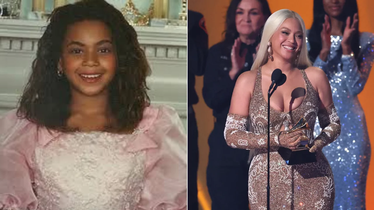 Beyoncé as a child next to her Grammy-winning moment as an adult