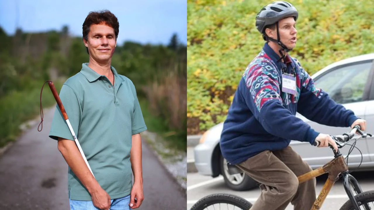 Blind man using echolocation to hike and mountain bike, showcasing the power of human sound navigation.