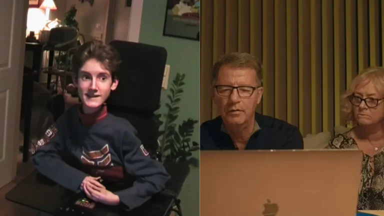 Young Norwegian gamer Mats Steen smiling in his wheelchair, alongside his parents looking at a laptop, discovering his World of Warcraft life.