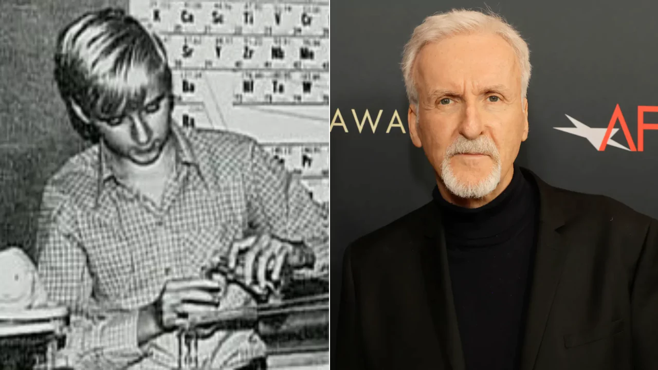 Young James Cameron building a model next to a photo of present-day Cameron at a red carpet event, reflecting his lifelong passion for science fiction and innovation.