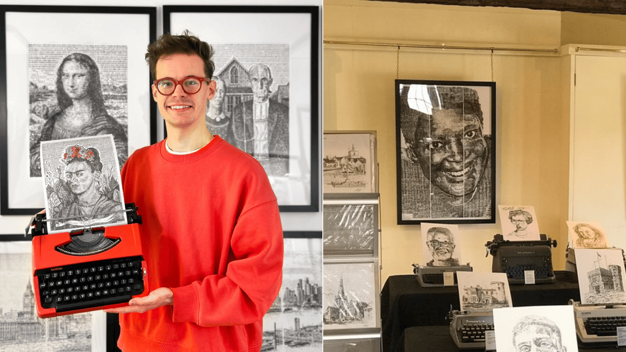 James Cook holding a red typewriter with a typed portrait of Frida Kahlo, surrounded by framed typewriter art including the Mona Lisa and other detailed portraits.