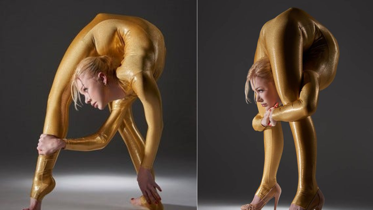 Julia Günthel, known as the Human Slinky, performing an extreme contortion pose in a gold bodysuit