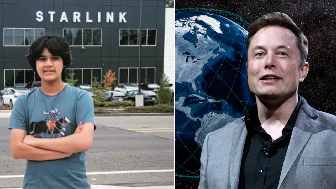 Kairan Quazi standing outside Starlink headquarters and Elon Musk with Earth in the background