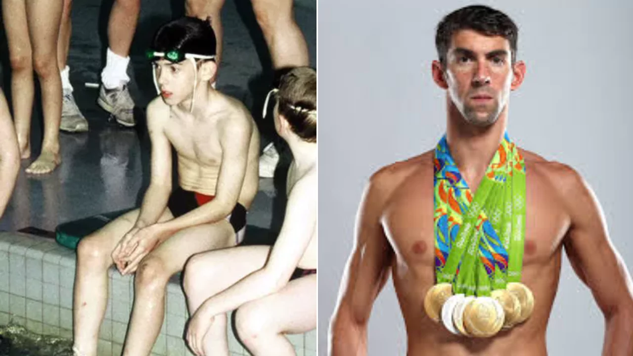 Young Michael Phelps sitting by the pool next to a photo of him as an Olympic champion wearing gold medals