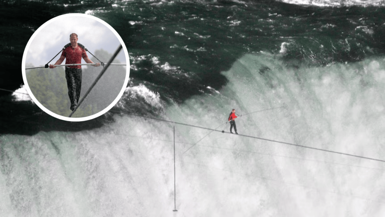 Nik Wallenda walking on a tightrope over Niagara Falls during his live 2012 stunt without a safety net
