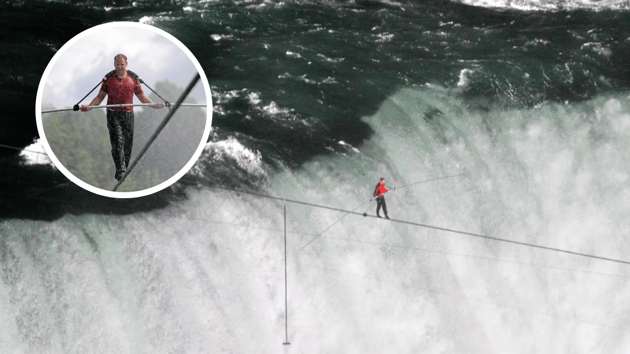 Nik Wallenda walking on a tightrope over Niagara Falls during his live 2012 stunt without a safety net