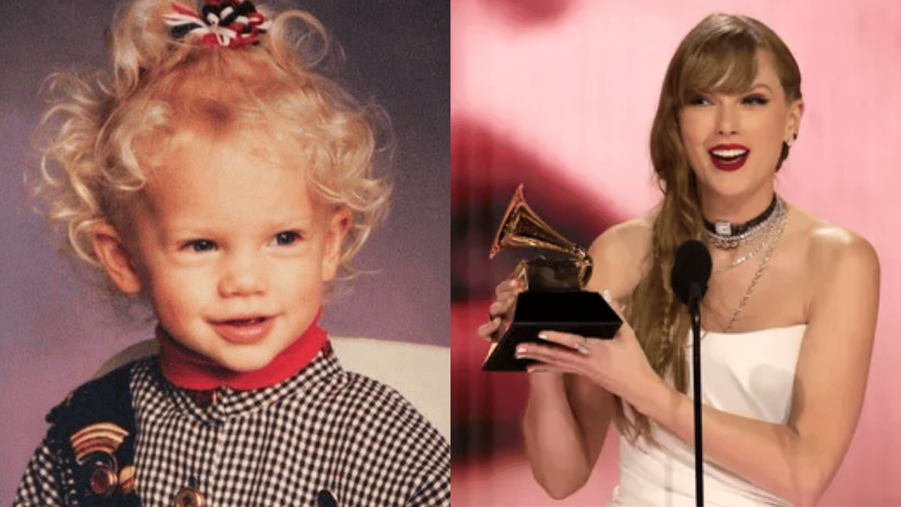 Taylor Swift as a young child next to a recent photo of her winning a Grammy award