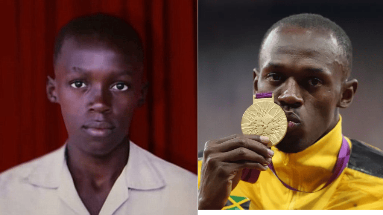Usain Bolt as a young boy next to a photo of him holding an Olympic gold medal