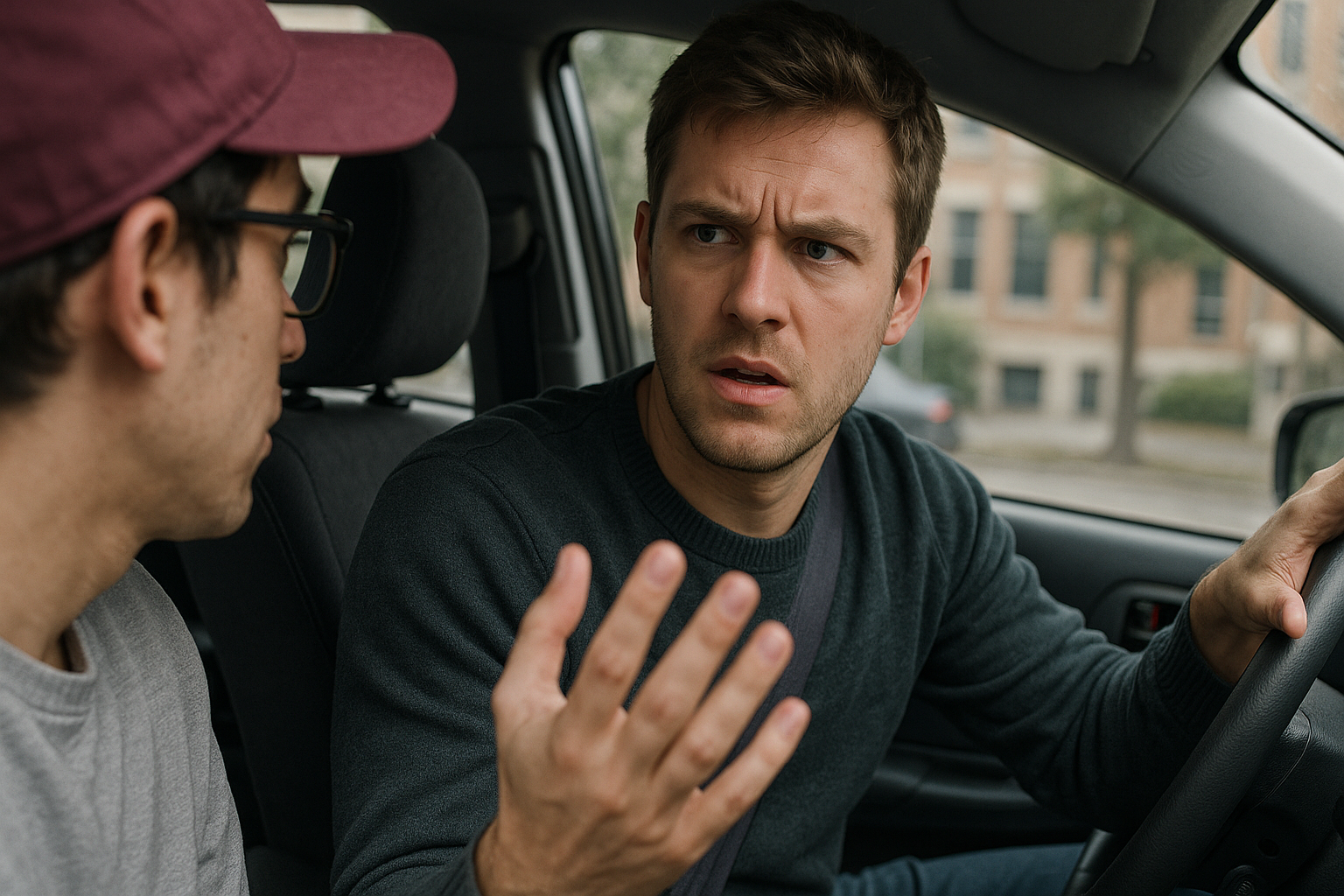 Frustrated college student arguing with friend inside a car over daily rides.