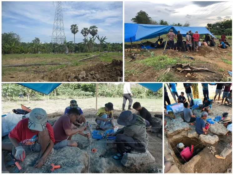 Archaeologists excavating the Calio site in Sulawesi, Indonesia, under field tents, uncovering ancient stone artefacts more than 1 million years old.