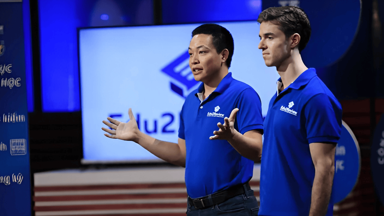Edu2Review founders pitching their startup on Shark Tank Vietnam, presenting edtech platform to the investors