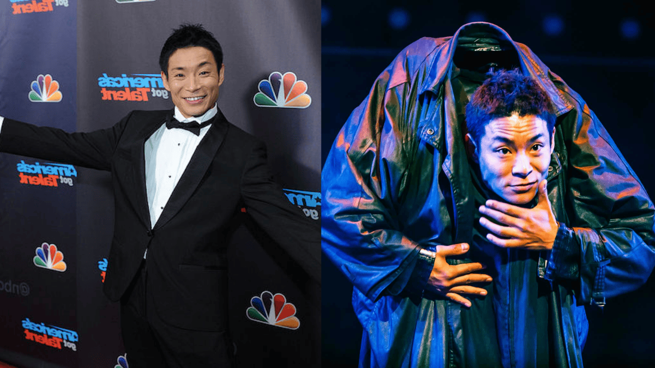 Kenichi Ebina performing his famous Human Animation head-fall illusion on stage and posing at an America’s Got Talent event.