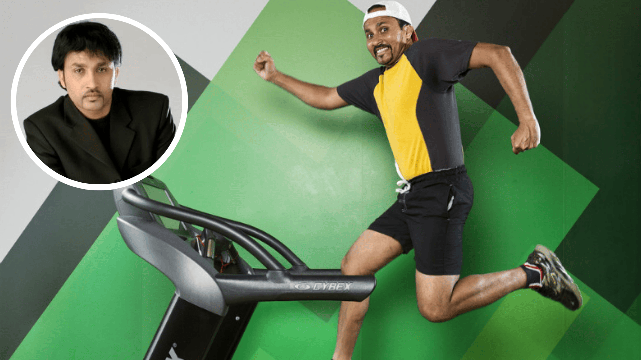 Suresh Joachim, known as the Marathon Man, posing on a treadmill after breaking multiple Guinness World Records for endurance feats