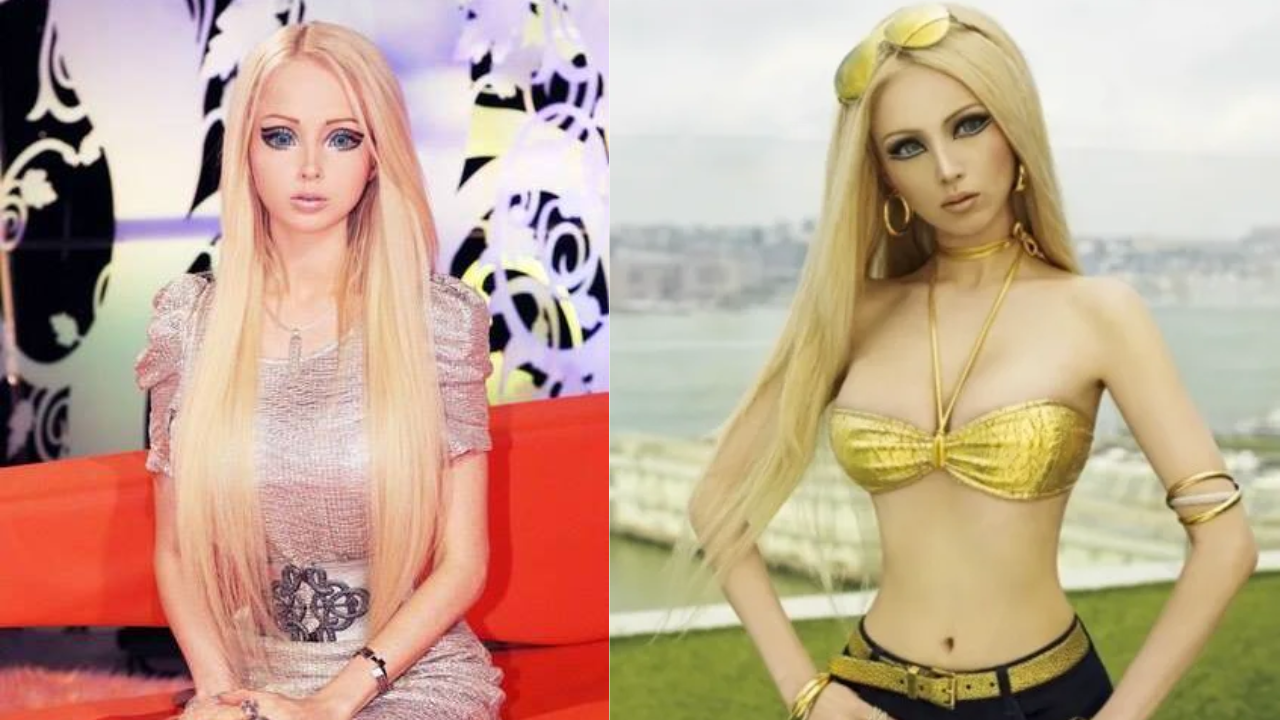 Valeria Lukyanova, known as the Human Barbie, posing with her doll-like appearance in two viral photos