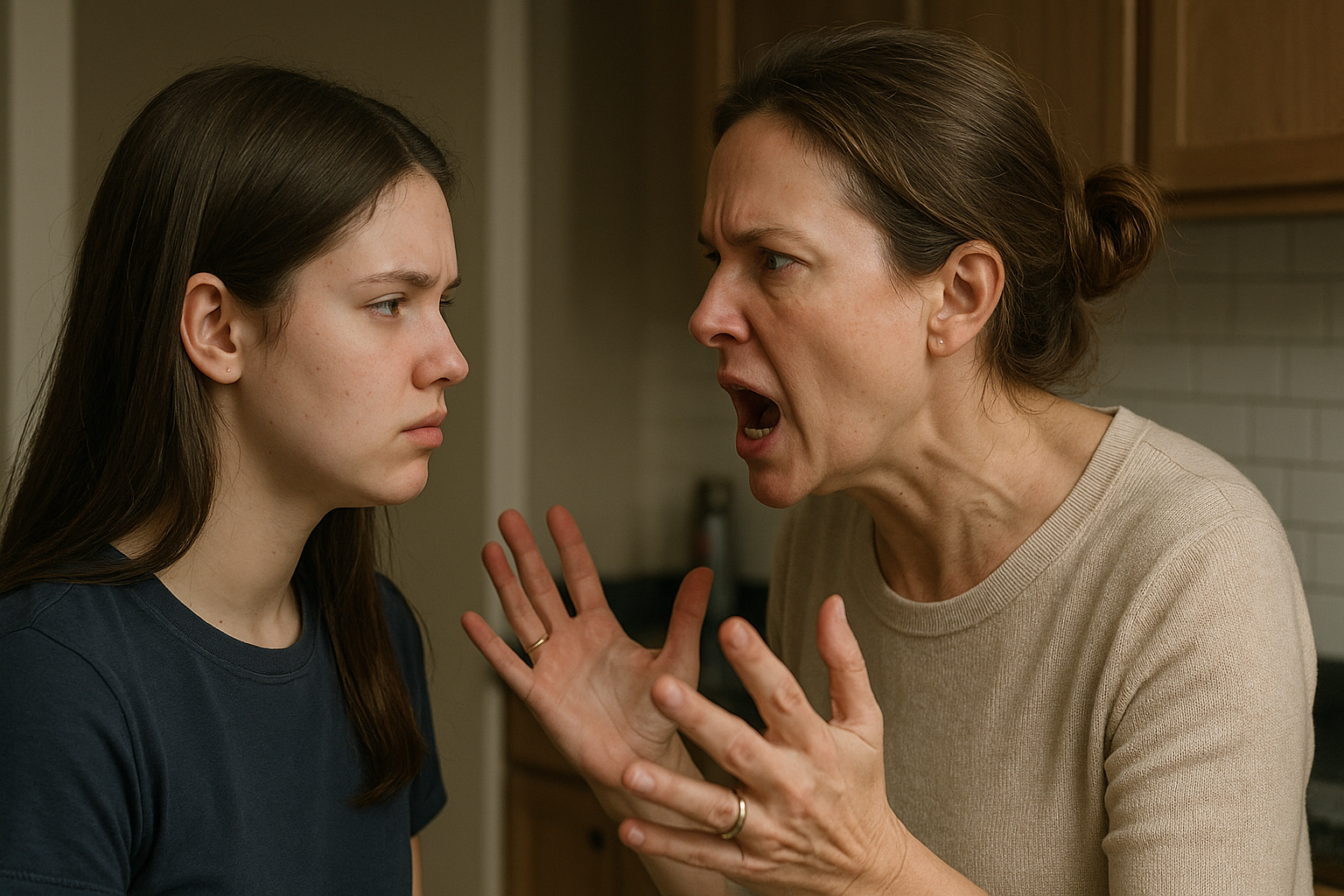 Mom yelling at teenage daughter during argument.