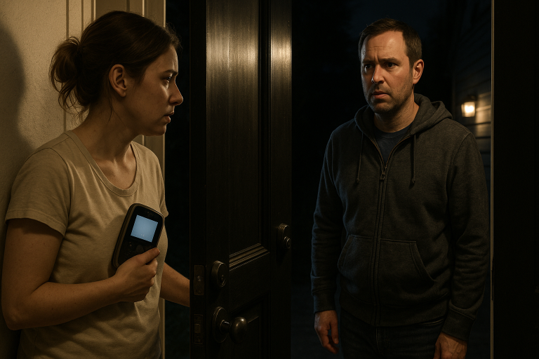 Woman opens door to upset husband at night.