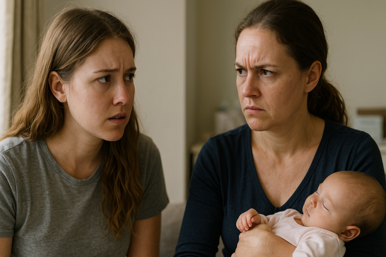 Two sisters arguing in a living room while one holds a baby, showing family tension.