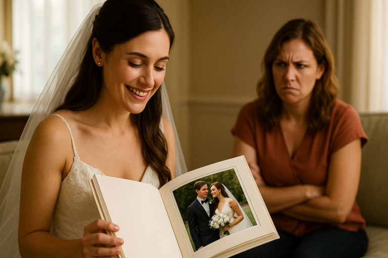Bride with wedding album and jealous sister-in-law in background.