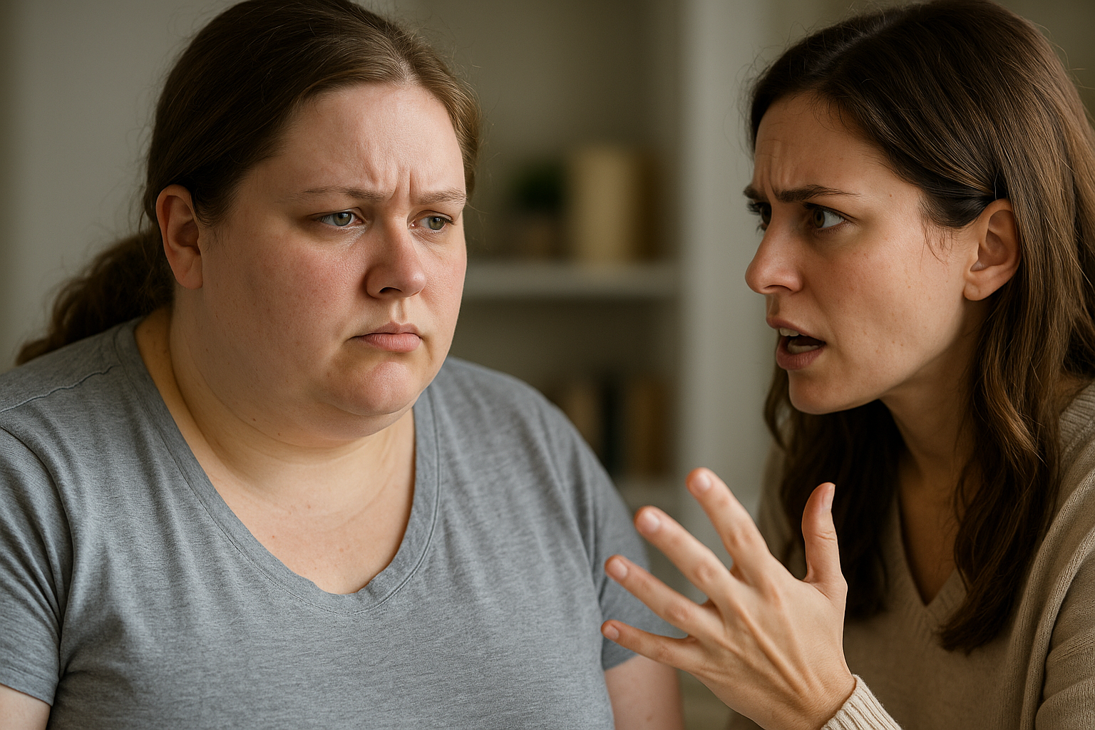 Two women arguing about body image in a living room.