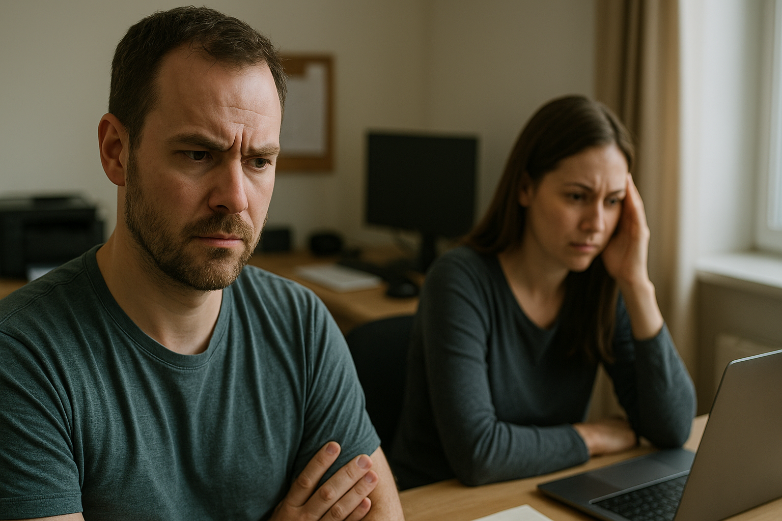 Couple arguing at home office.