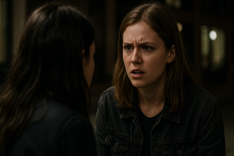 wo young women arguing outside a bar at night, showing tension in their friendship.