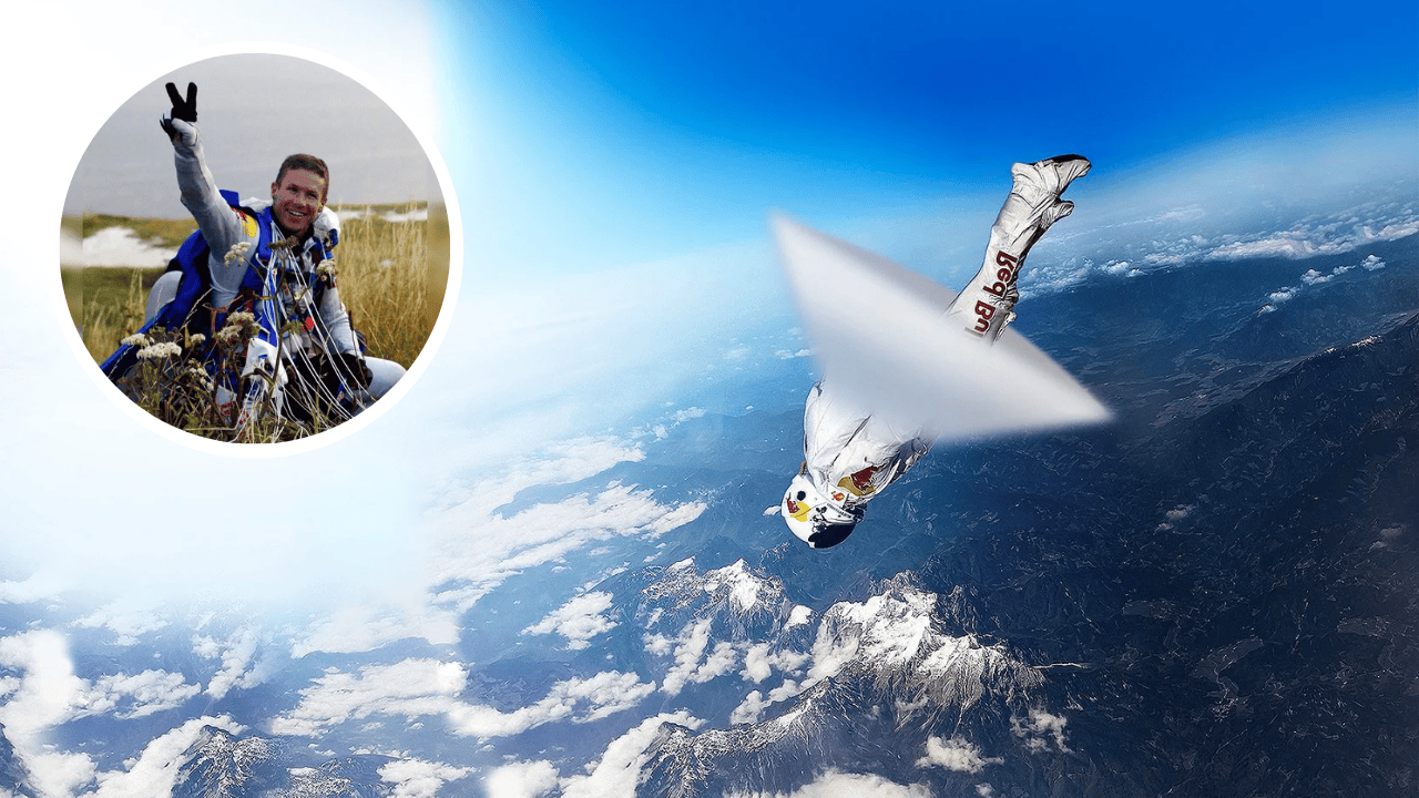 Felix Baumgartner during his record-breaking freefall from the edge of space, reaching 833 mph and breaking the sound barrier without a jet.