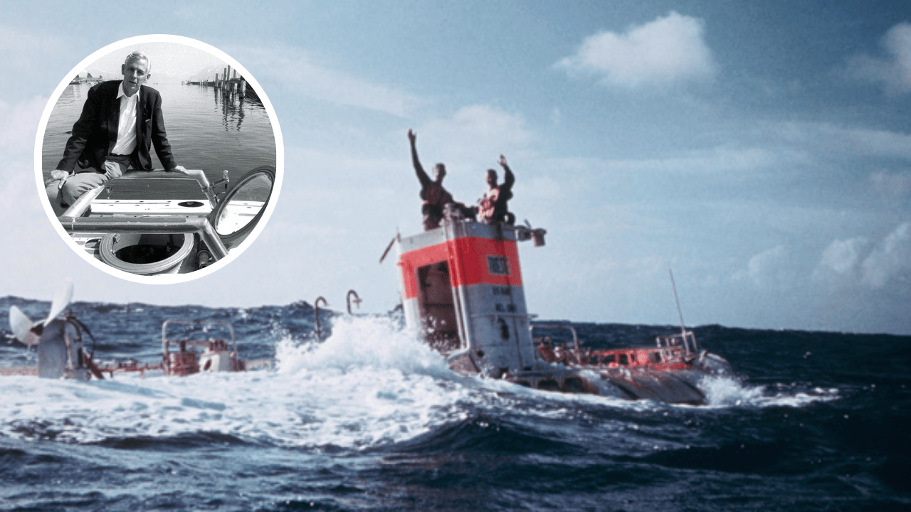 Jacques Piccard and Don Walsh aboard the Trieste after reaching the Mariana Trench, the deepest point on Earth, during the 1960 dive.