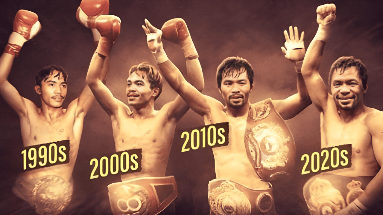 Manny Pacquiao raising his arms in victory across four decades, showing his evolution from the 1990s to 2020s as the only boxer to win titles in eight weight divisions.