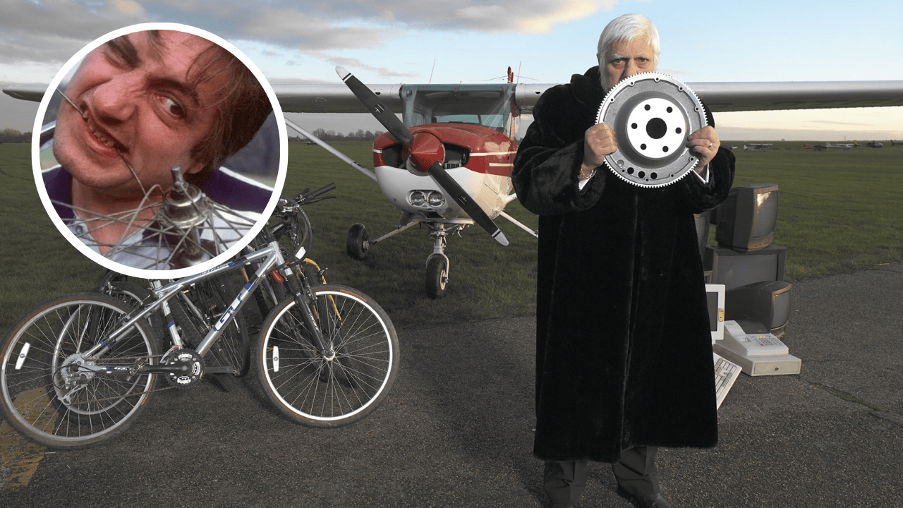 Michel Lotito, known as Monsieur Mangetout, standing beside a small airplane holding a metal part, with inset showing him eating metal objects.