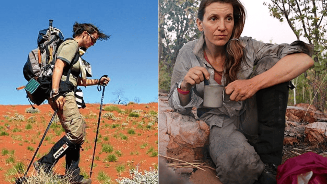 Sarah Marquis trekking across a desert and resting during her 10,000-mile solo journey from Siberia to Australia without GPS or backup.