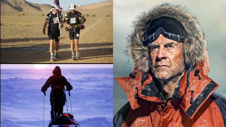 Portrait of Sir Ranulph Fiennes wearing a frost-covered expedition jacket, standing in icy conditions during a polar journey.