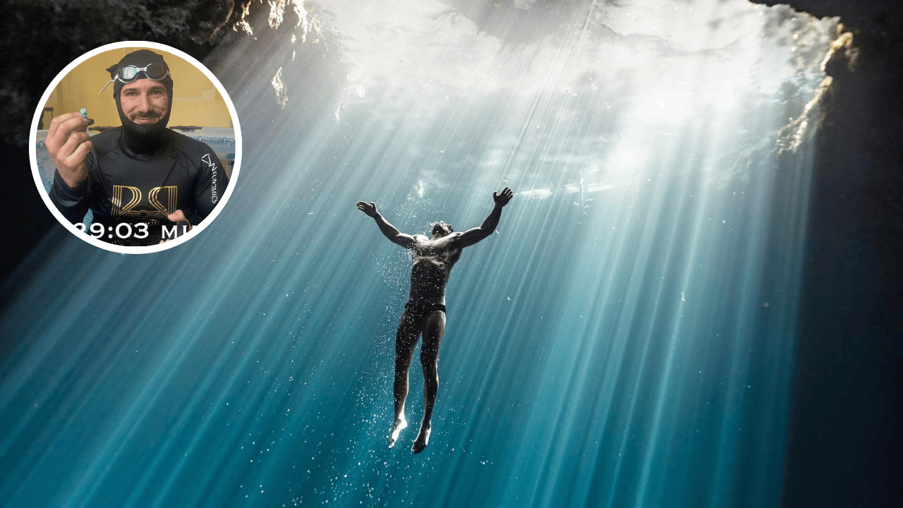 Vitomir Maričić breaks the world record for longest oxygen-assisted underwater breath hold, symbolizing human endurance and ocean conservation.