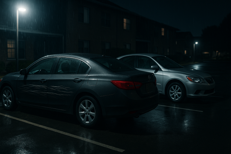 Two cars parked in a rainy apartment parking lot, with one car visibly keyed.