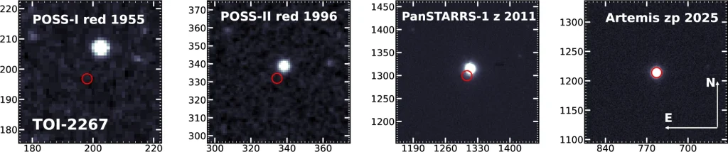 Archival images of TOI-2267 binary star system from 1955 to 2025 showing its position marked in red