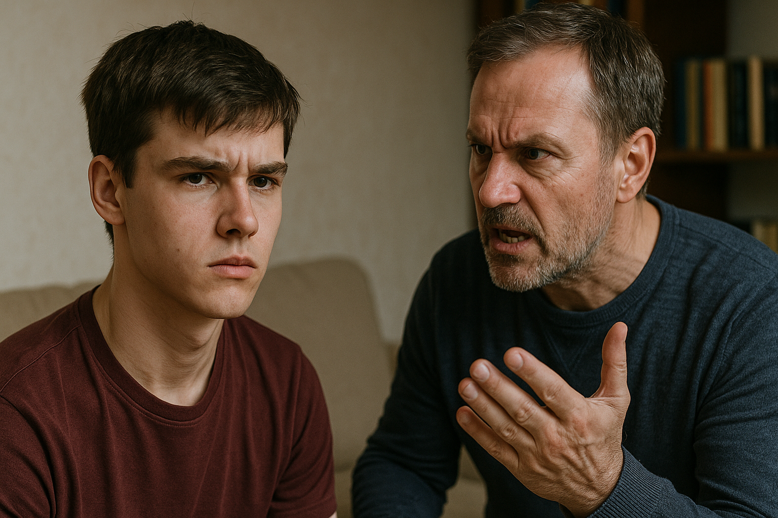 Teen sitting quietly while his father angrily talks to him.