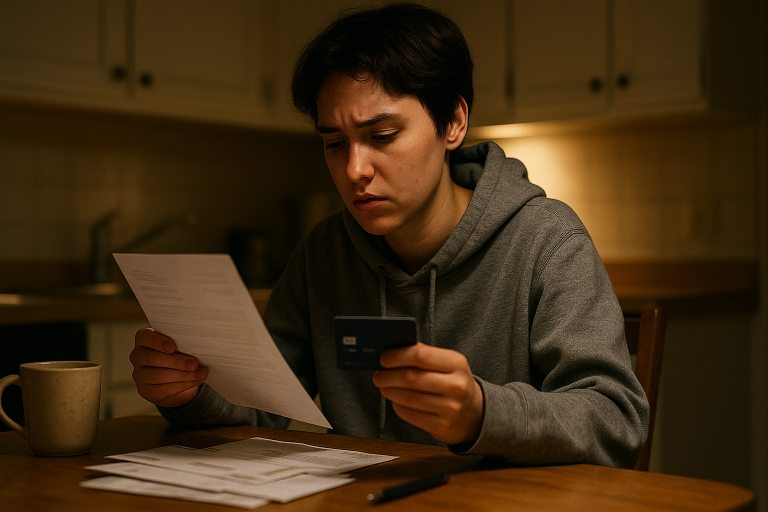 A young adult sitting at a kitchen table, looking worried while holding a credit card and reading a document.