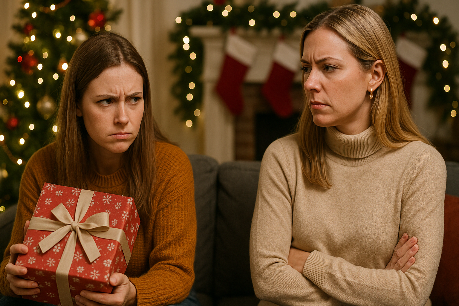 wo upset sisters sitting on a couch during Christmas, one holding a gift while both look frustrated.
