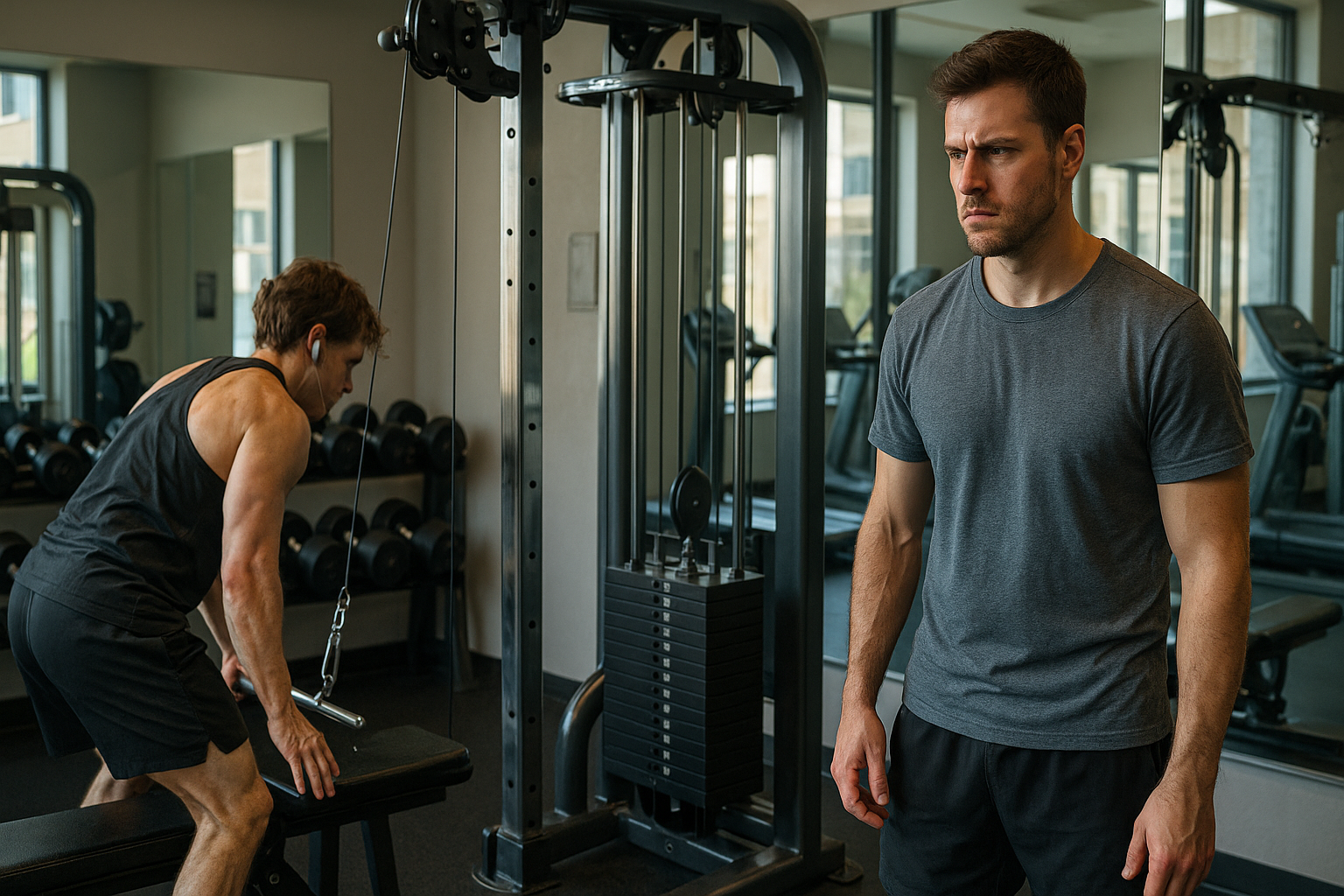 Man looking frustrated in a gym while another man uses a cable machine nearby.