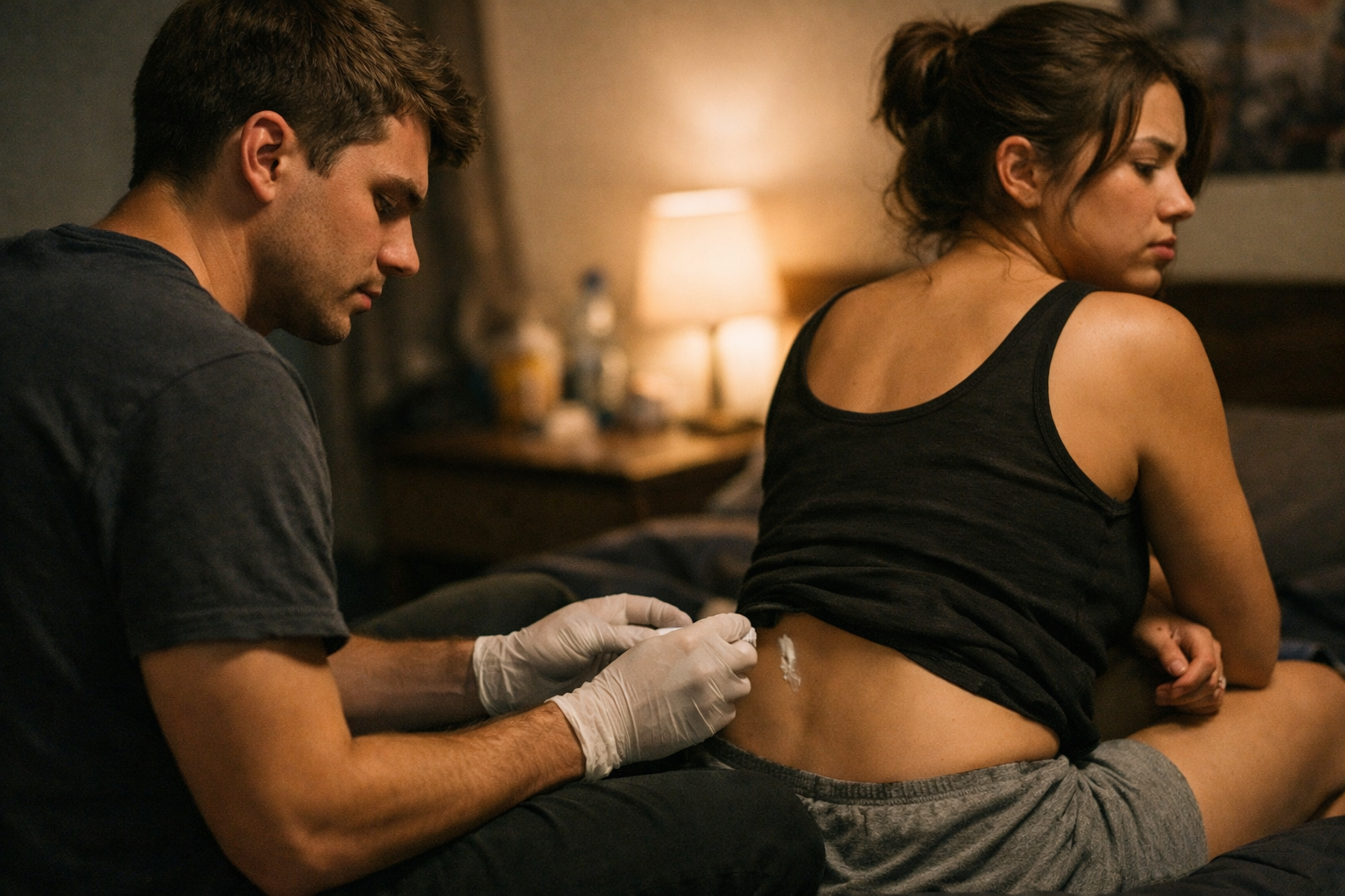 Young man wearing gloves applies cream to his girlfriend’s back as she looks away, tense and upset.