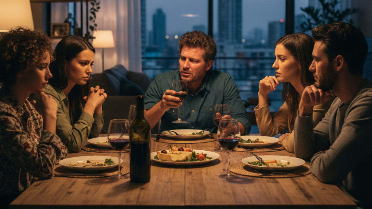 A tense dinner party scene where a man is talking while four friends look on with serious, uncomfortable expressions.