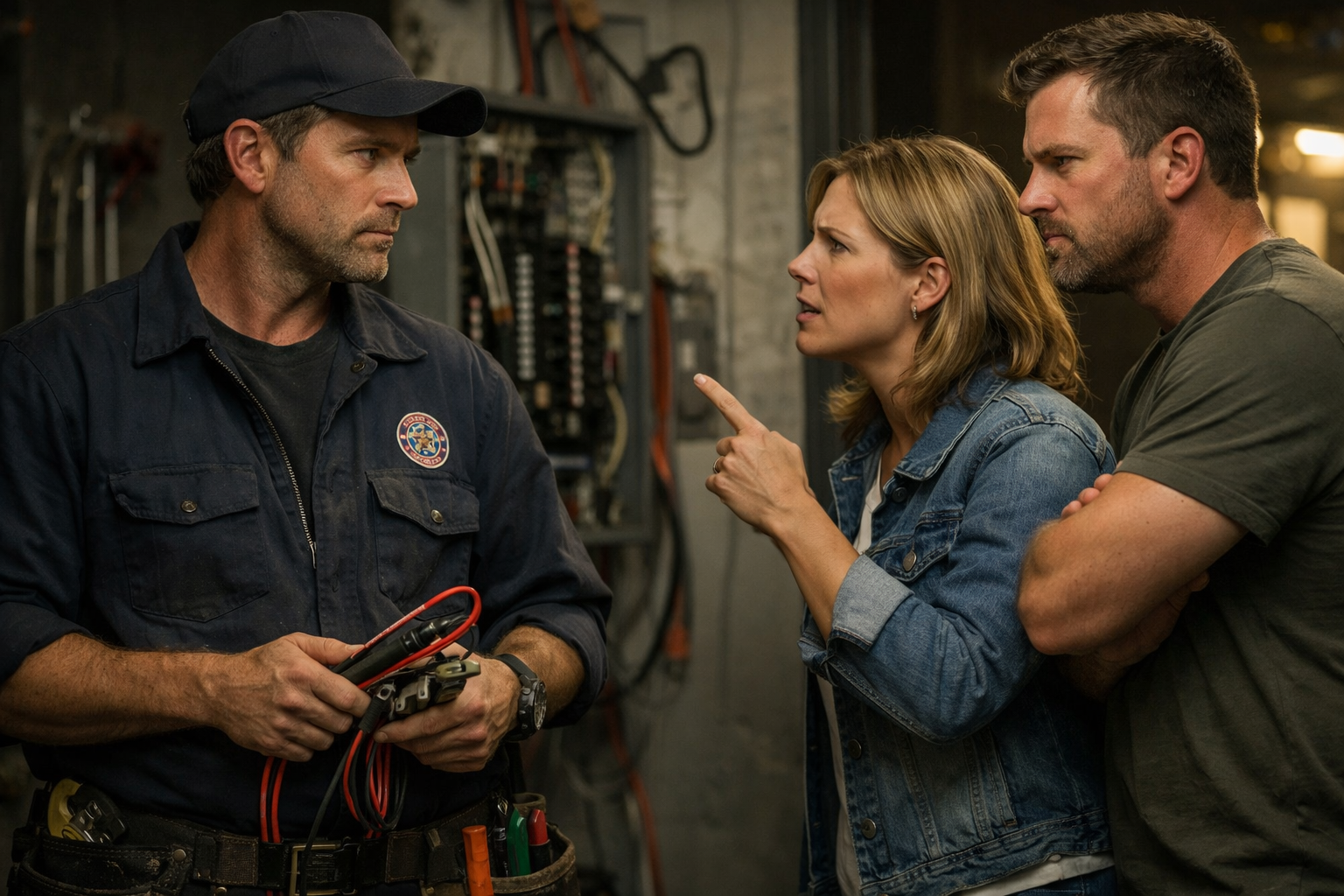 Electrician refusing unpaid work during a tense confrontation.