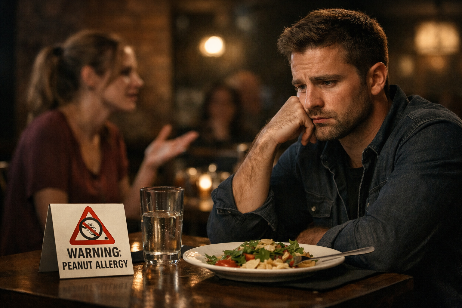 A man sitting alone at a restaurant table looking upset.
