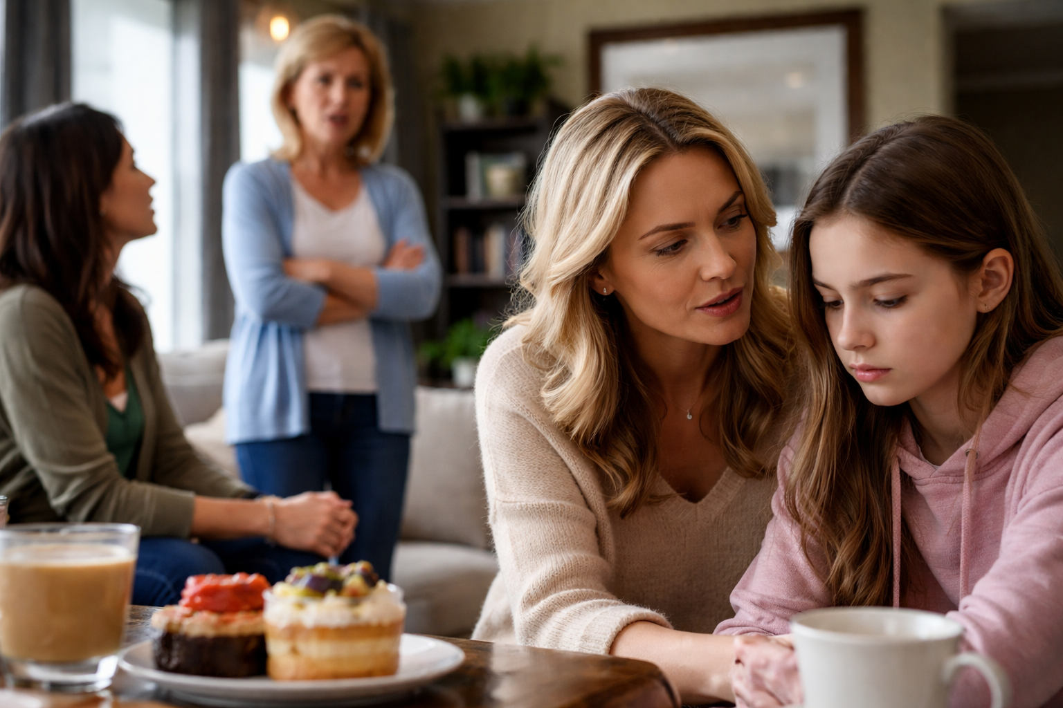 A woman comforts a sad teenage girl while tense family members argue in the background.