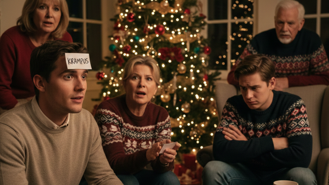 Man with "KRAMPUS" note on forehead during a tense family Christmas game.