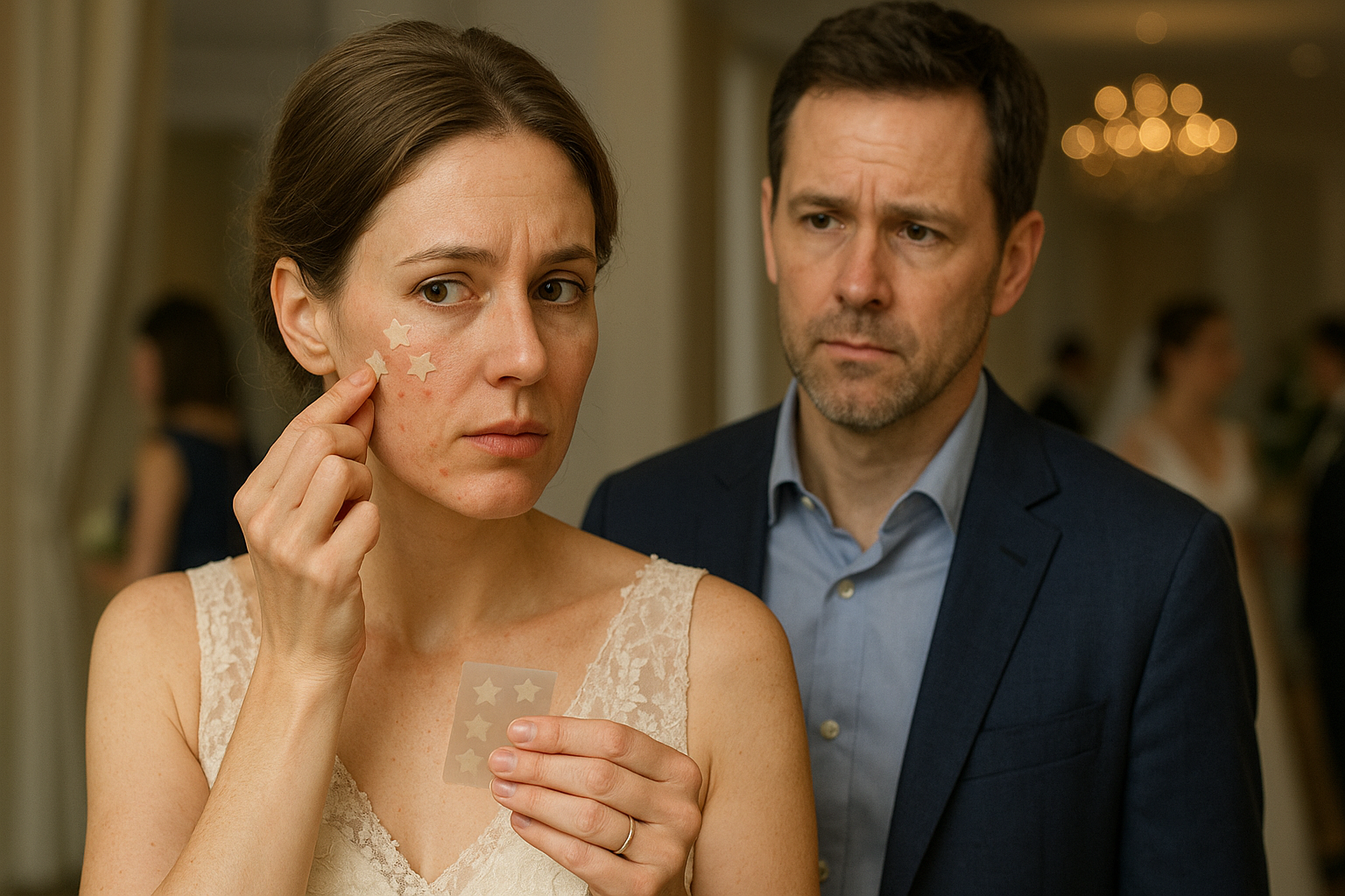 Woman puts acne patches on her face as man watches behind her.